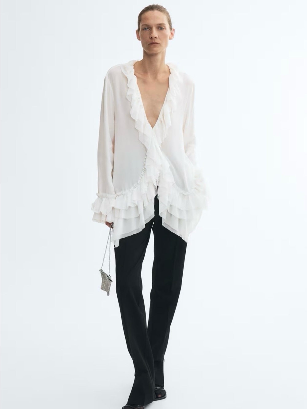 H&M Edition Tiered Ruffle-Trimmed V-Neck Blouse (Cream) NWT. Sz XL. 1362203001